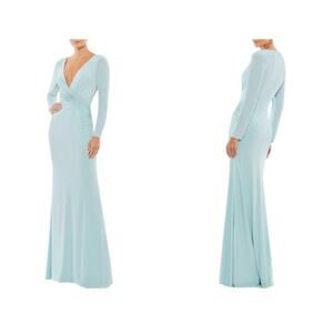 Ieena For Mac Duggal Blue Long Sleeve Jersey Sheath Gown Size 12 NWT $348 MSRP